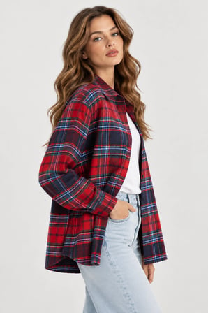 Kadın Kışlık Kalın Oduncu Gömlek Oversize Kareli Casual Gömlek- Kırmızı-Lacivert