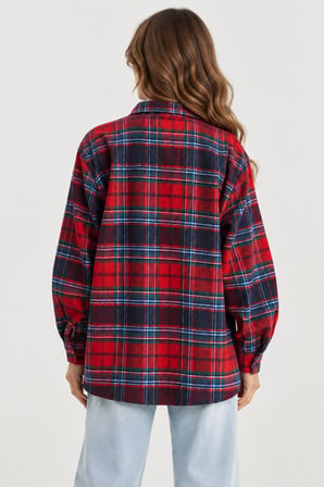 Kadın Kışlık Kalın Oduncu Gömlek Oversize Kareli Casual Gömlek- Kırmızı-Lacivert