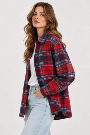 Kadın Kışlık Kalın Oduncu Gömlek Oversize Kareli Casual Gömlek- Kırmızı-Lacivert