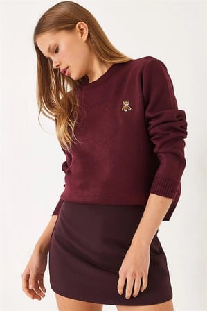 Kadın Peluş Teddy Ayıcık Nakışlı Bisiklet Yaka Basic Triko Kazak  - Bordo