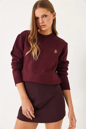 Kadın Peluş Teddy Ayıcık Nakışlı Bisiklet Yaka Basic Triko Kazak  - Bordo