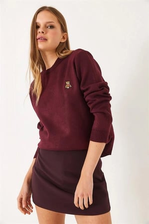 Kadın Peluş Teddy Ayıcık Nakışlı Bisiklet Yaka Basic Triko Kazak  - Bordo