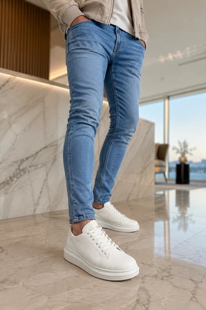 Tsoob Bağcıklı Cilt Erkek Günlük Rahat Taban Sneaker Ayakkabı - Beyaz