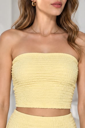 Kadın Bürümcük Kumaş Straplez Crop ve Midi Kalem Etek İkili Set - Sarı
