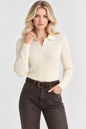Kadın Polo Yaka Örgü Triko Kazak – Düğme Detaylı Regular Fit  - Krem
