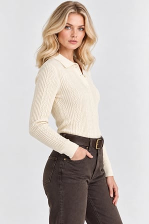 Kadın Polo Yaka Örgü Triko Kazak – Düğme Detaylı Regular Fit  - Krem