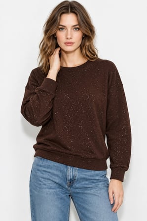 Yaldız Baskılı Zincirli ve Fularlı Kadın Oversize Modal Sweatshirt  - Acı Kahve
