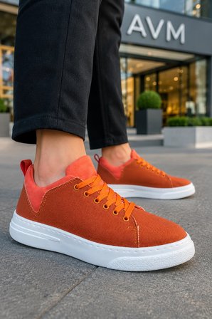 Ont Bağcıklı Keten Dokulu Hafif Taban Erkek Günlük Casual Sneaker Ayakkabı - Turuncu