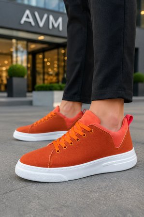 Ont Bağcıklı Keten Dokulu Hafif Taban Erkek Günlük Casual Sneaker Ayakkabı - Turuncu