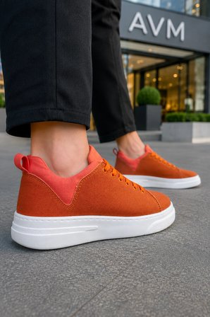 Ont Bağcıklı Keten Dokulu Hafif Taban Erkek Günlük Casual Sneaker Ayakkabı - Turuncu