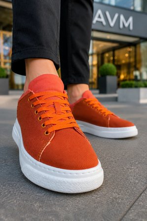 Ont Bağcıklı Keten Dokulu Hafif Taban Erkek Günlük Casual Sneaker Ayakkabı - Turuncu