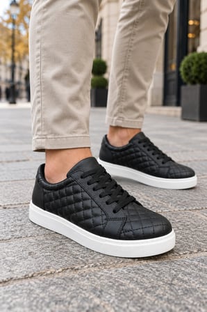 Egitserp Bağcıklı Cilt Kapitone Desenli Erkek Günlük Sneaker Ayakkabı - Siyah
