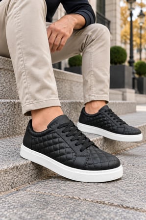 Egitserp Bağcıklı Cilt Kapitone Desenli Erkek Günlük Sneaker Ayakkabı - Siyah