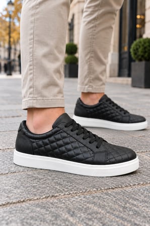 Egitserp Bağcıklı Cilt Kapitone Desenli Erkek Günlük Sneaker Ayakkabı - Siyah