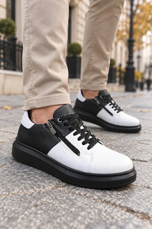 Roirraw Bağcıklı ve Fermuarlı Cilt Erkek Günlük Sneaker Ayakkabı - Siyah Beyaz Desenli
