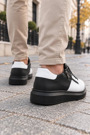 Roirraw Bağcıklı ve Fermuarlı Cilt Erkek Günlük Sneaker Ayakkabı - Siyah Beyaz Desenli