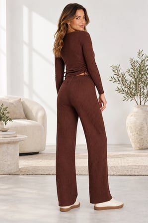 Yan Bağlamalı Crop & Lastikli Yüksek Bel Bürümcük Pantolon Takım - Acı Kahve