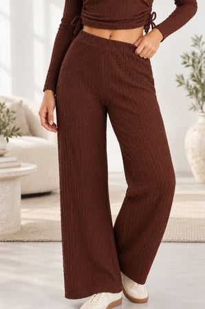 Yan Bağlamalı Crop & Lastikli Yüksek Bel Bürümcük Pantolon Takım - Acı Kahve