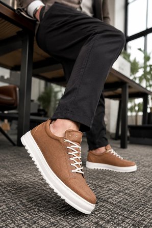 Looc Erkek Bağcıklı Cilt Günlük Spor Klasik Ayakkabı - Taba Beyaz