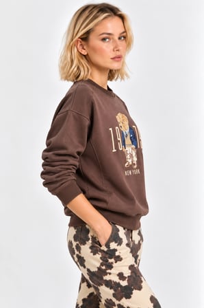 Kadın Rahat Kesim Teddy Ayıcık Nakış Detaylı Sweatshirt- Kahverengi