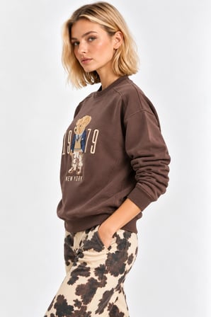 Kadın Rahat Kesim Teddy Ayıcık Nakış Detaylı Sweatshirt- Kahverengi