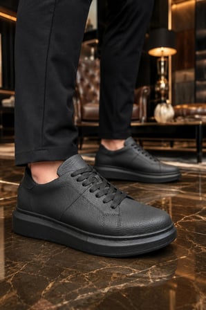 Tsoob Bağcıklı Cilt Erkek Günlük Rahat Taban Sneaker Ayakkabı - Siyah