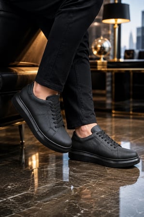 Tsoob Bağcıklı Cilt Erkek Günlük Rahat Taban Sneaker Ayakkabı - Siyah