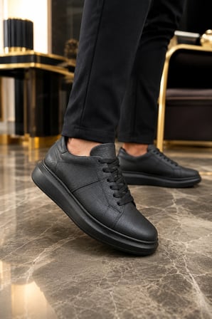 Tsoob Bağcıklı Cilt Erkek Günlük Rahat Taban Sneaker Ayakkabı - Siyah