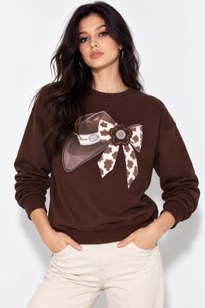 Kadın Taş İşlemeli Fiyonk Baskı Oversize Üç İplik Rahat Kesim Sweatshirt - Acı Kahve
