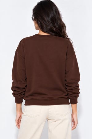 Kadın Taş İşlemeli Fiyonk Baskı Oversize Üç İplik Rahat Kesim Sweatshirt - Acı Kahve