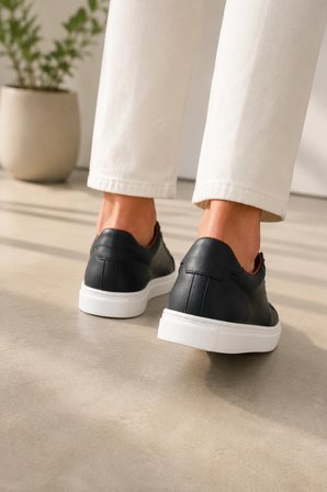 Austin Bağcıklı Cilt Erkek Günlük Sneaker Ayakkabı - Siyah Beyaz