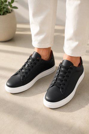 Austin Bağcıklı Cilt Erkek Günlük Sneaker Ayakkabı - Siyah Beyaz
