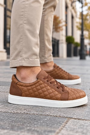 Egitserp Bağcıklı Cilt Kapitone Desenli Erkek Günlük Sneaker Ayakkabı - Taba