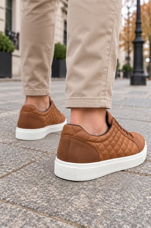 Egitserp Bağcıklı Cilt Kapitone Desenli Erkek Günlük Sneaker Ayakkabı - Taba