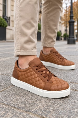 Egitserp Bağcıklı Cilt Kapitone Desenli Erkek Günlük Sneaker Ayakkabı - Taba