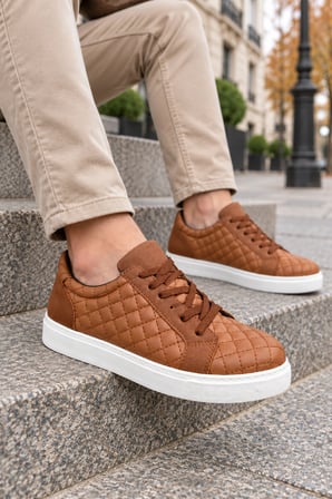 Egitserp Bağcıklı Cilt Kapitone Desenli Erkek Günlük Sneaker Ayakkabı - Taba