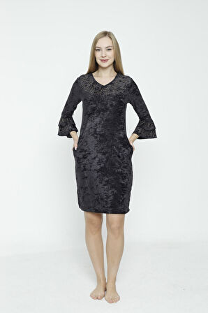 lacivert v yaka taş detaylı balon kollu kadife elbise