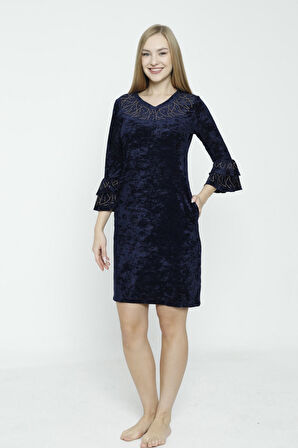 lacivert v yaka taş detaylı balon kollu kadife elbise