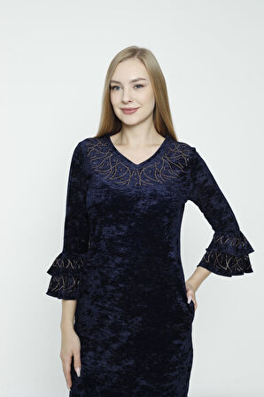 lacivert v yaka taş detaylı balon kollu kadife elbise