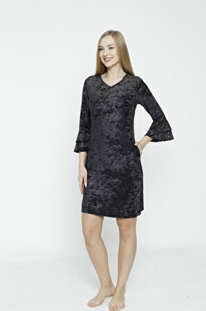 lacivert v yaka taş detaylı balon kollu kadife elbise