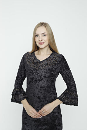 lacivert v yaka taş detaylı balon kollu kadife elbise