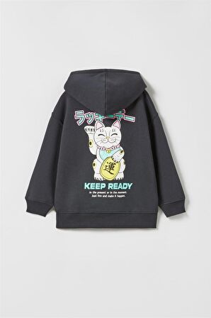 KIZ ÇOCUK KEDİ DESENLİ KAPŞONLU PAMUK SWEAT