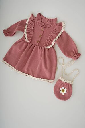 KIZ BEBEK UZUN KOL PAPATYA DESENLİ ÇANTALI ELBİSE