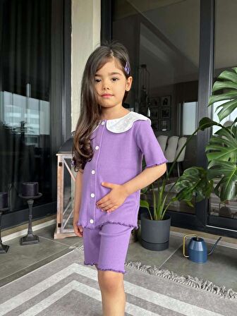 KIZ ÇOCUK KAŞKORSE FİTTİLİ ÖNDEN DÜĞMELİ YAKA DANTEL KAPRİ TAYTLI TAKIM