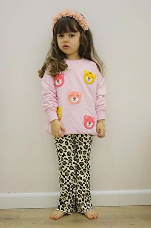 KIZ ÇOCUK AYICIK MODELLİ UZUN KOL PAMUK TAYTLI TAKIM