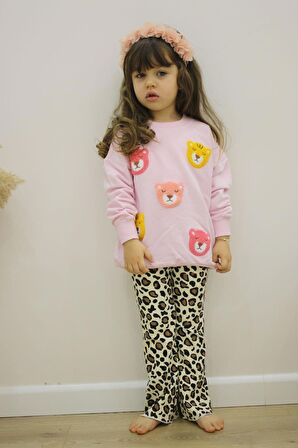 KIZ ÇOCUK AYICIK MODELLİ UZUN KOL PAMUK TAYTLI TAKIM