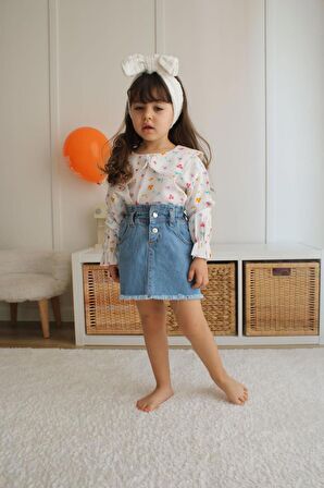 KIZ ÇOCUK DESENLİ BEBE YAKALI KOT ETEKLİ İKİLİ TAKIM