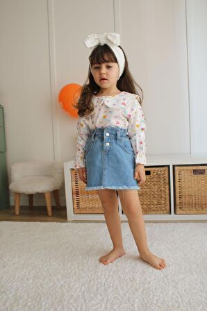 KIZ ÇOCUK DESENLİ BEBE YAKALI KOT ETEKLİ İKİLİ TAKIM