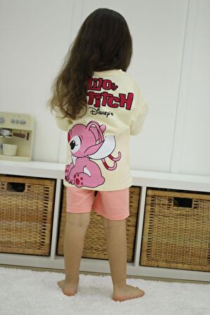 KIZ ÇOCUK STİTCH MODELLİ PAMUK ŞORTLU TAKIM