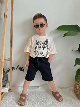 ERKEK ÇOCUK KURT MODELLİ KOT ŞORTLU PAMUK TAKIM